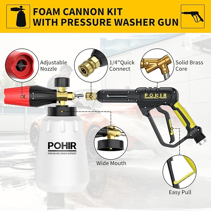 POHIR Pressure Washer Gun with Foam Cannon & 50ft Power Washer Hose, 3600PSI Pressure Washing Kit with 15" Extension Wand & 7 Nozzle Tips, 3/8'' Quick Connector & M22 15mm/14mm Fittings