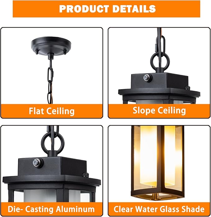 JYZ Dusk to Dawn Outdoor Hanging Light, Exterior Pendant Lantern Dusk Till Dawn, Modern Contemporary Indoor Outdoor Chandelier Lamp Ceiling Mount for Front Porch Gazebo Patio Garden Pergola