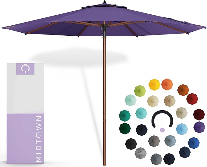Midtown Umbrellas The Wooden 8 Feet Patio Umbrella With Sunbrella Bengali Purple Acrylic Fabric - Aluminum Frame Market Umbrella For Backyard, Deck, Garden, Pool - Wooden Pole