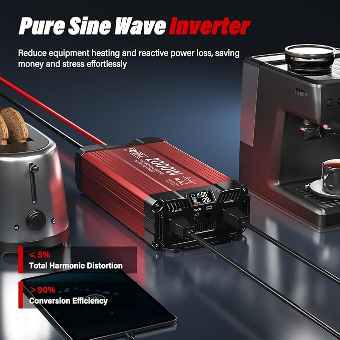 FOVAL 2000W Pure Sine Wave Inverter 12V DC to 110V AC Converter, 4000W Peak Power Inverter with LCD Display and 2 AC Outlets for Home, RV, Truck, and Off-Grid Solar System, Remote Controller