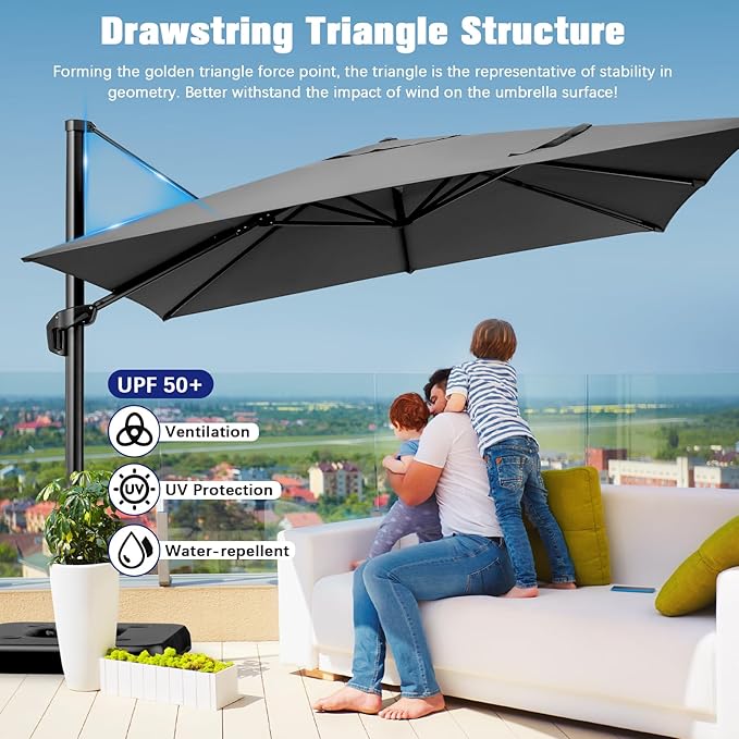 Hotime 10ft Patio Umbrella Outdoor Patio Height adjustable and Windproof, Heavy Duty Aluminum Square Offset Patio Umbrella Cantilever Pool Umbrella with 360°Rotation for Garden Deck Pool, Gray