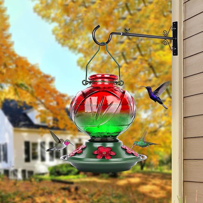 BOLITE Hummingbird Feeder, Glass Hummingbird Feeders for Outdoors Hanging, 22 Ounce, Five Feeding Ports with Perch, Peony Flower Shape, Red and Green, Gifts for Women Men, Gifts for Mom Dad