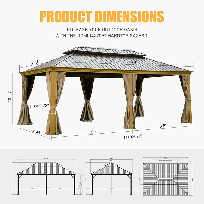 Domi 14' X 20' Hardtop Gazebo Large Outdoor Metal Gazebo with Galvanized Steel Double Roof Canopy, Wood Grain Aluminum Frame, Curtains and Netting for Patio, Deck, Garden