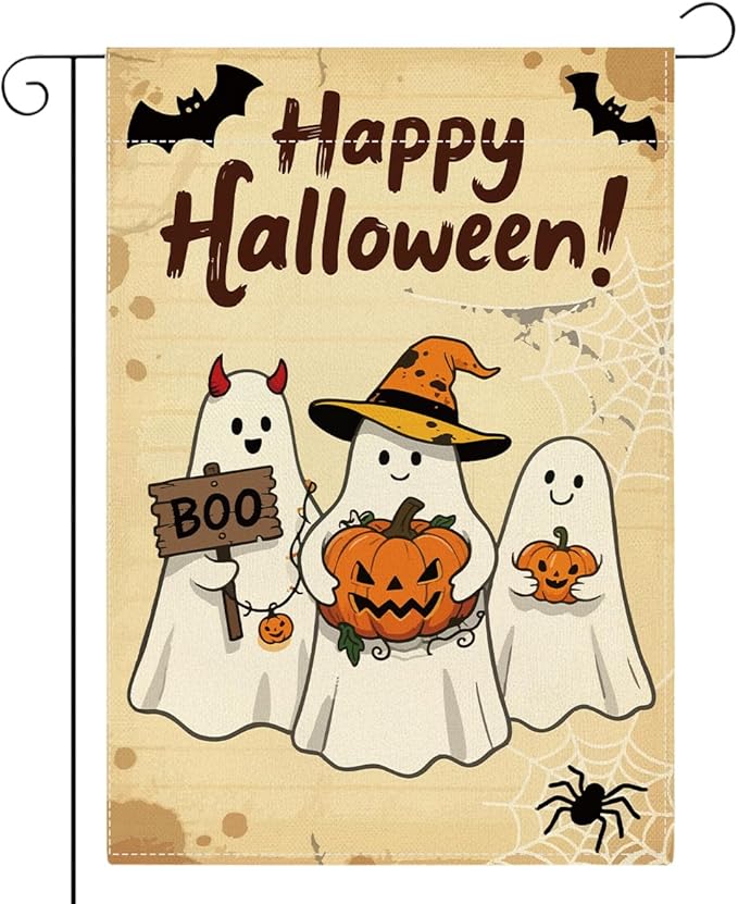 Happy Halloween Garden Flag Ghost Bat Fall Pumpkins Halloween Themed Holiday Party Outside Outdoor Lawn Decorations Yard Flag Double Sided 12x18 Inch
