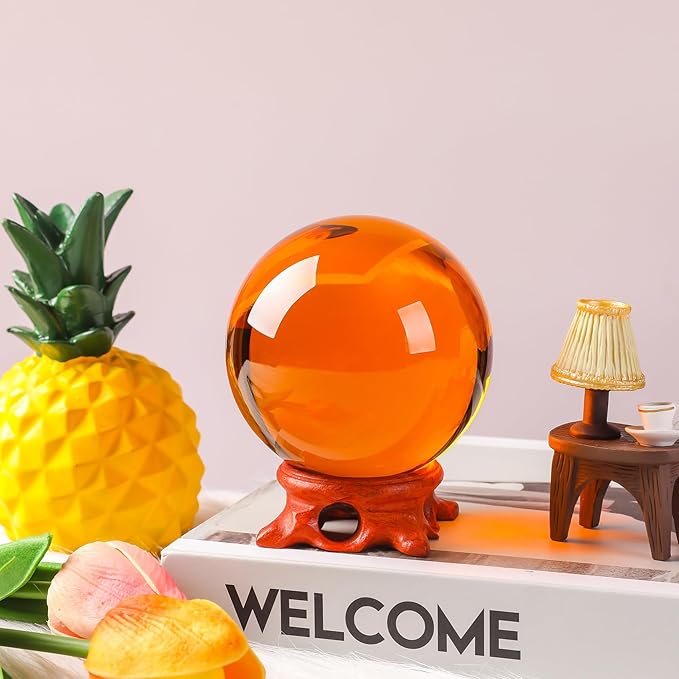 Amber Crystal Ball with Stand 100mm/3.9 inch for Fortune Teller Accessories,Decorative Ball,Magic,lensball Photography,Feng Shui,Witchcraft Decor,Scrying,Large Quartz Crystal Orb Prop Glass Sphere