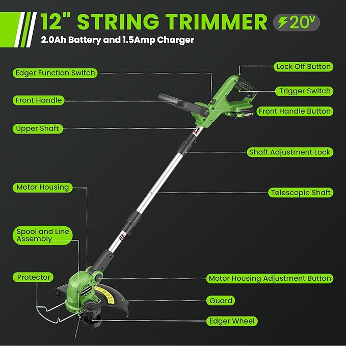 20V Cordless Weed Wacker, 12" Weedeaters on Wheels, 2.0Ah Compatible CURECURE 20V Battery, 8800PRM Powerful Motor, 3-in-1 Versatile Design, Auto Line Feed, 4.6 LBS