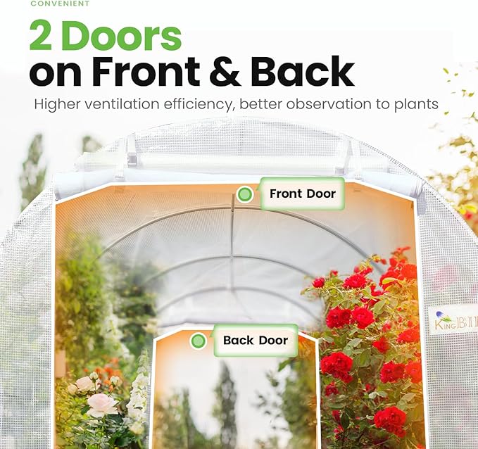 KING BIRD Premium 10x6.6x6.6FT Greenhouse for Outdoors, Large Walk-in Heavy Duty Galvanized Steel Frame, Mesh Door Screen Window Upgraded Zipper Tunnel Hoop for Garden Plant Winter, White