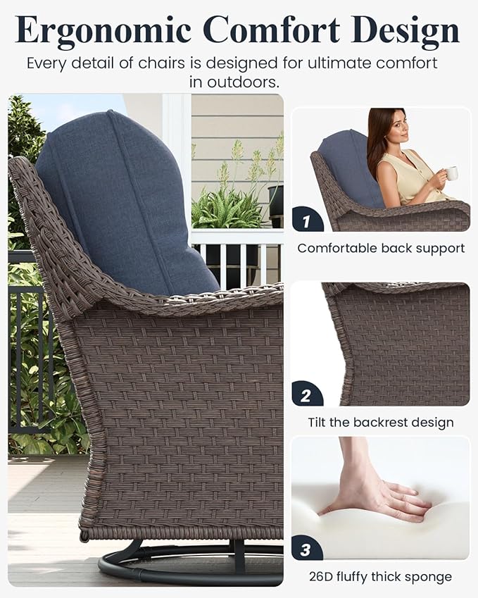 LayinSun 9 Piece Wicker Outdoor Furniture Set with 6-inch Comfy Cushions, High Back Patio Furniture Set with Swivel Rocking Chairs and Side Table