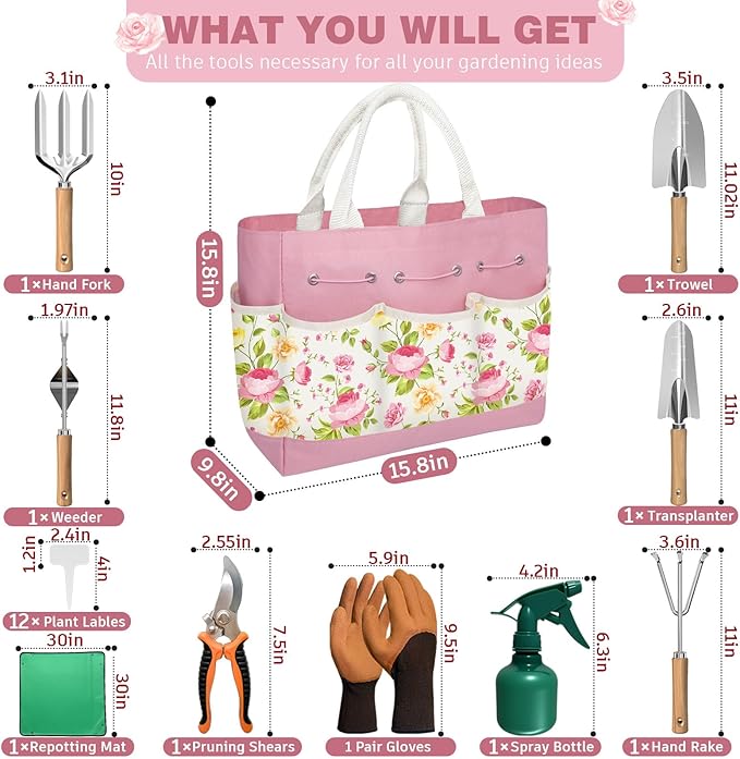 22PCS Ergonomic Garden Tools Set for Women,Heavy Duty Hand Tool Kit Included Handy Tote Bag/Trowel/Pruning Shears/Rake/Pruner/Gloves/Plant Tags,Garden Supplies Gardening Gifts for Gardeners Beginners