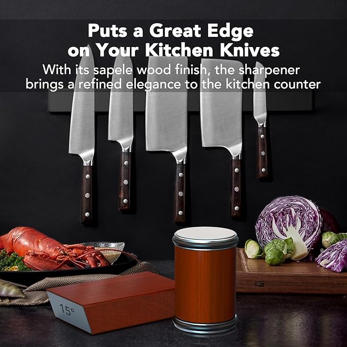 Rolling Knife Sharpener for Razor Sharp Edges, Easy Kitchen Knife Sharpening Tool Kit for Steel of Any Hardness, 15 & 20 Degrees Powerful Magnetic Holder