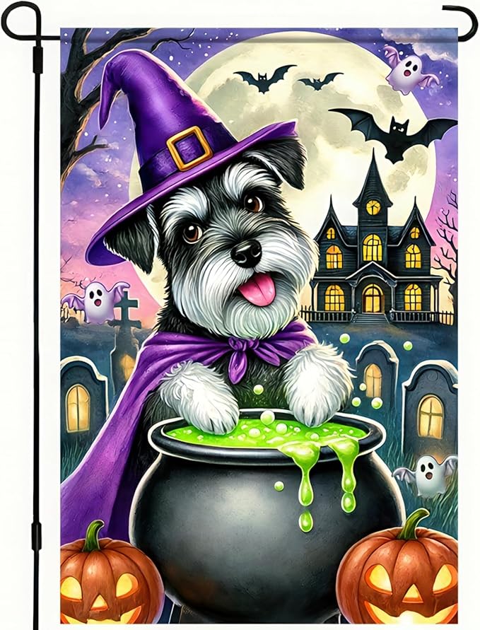 Halloween Schnauzer Garden Flag 12x18 Vertical Double Sided Happy Halloween Pumpkin Dog Garden Flag Holiday Outside Decorations Yard Flag Funny Yard Flags Outside Decor Banner