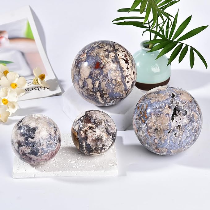 JIC Gem Large Blue Cherry Blossom Agate Crystal Ball with Stand Crystal Sphere Natural Sakura Flower Agate Stone Reiki Healing Meditation Witchcraft Home Decor 3.5-4 inch(90-100mm)
