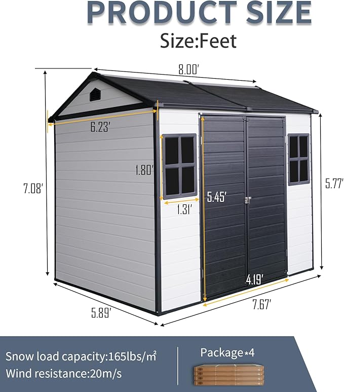 Outdoor Storage Shed with Two-Window and Lockable Door, 8 x 6 FT Resin Storage Shed, Plastic Tool Shed with Floor for Gargen, Patio, Yard, Lawn