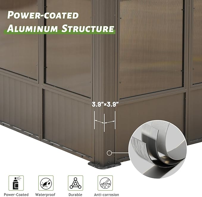 12x16FT Lean to Sunroom Kit All Season, Aluminum Wall Mounted Solarium with Galvanized Steel Slope Sun Room Roof, 2 Sliding Double Doors, PC Windows, Enclosed Permanent Gazebo for Patio, Deck