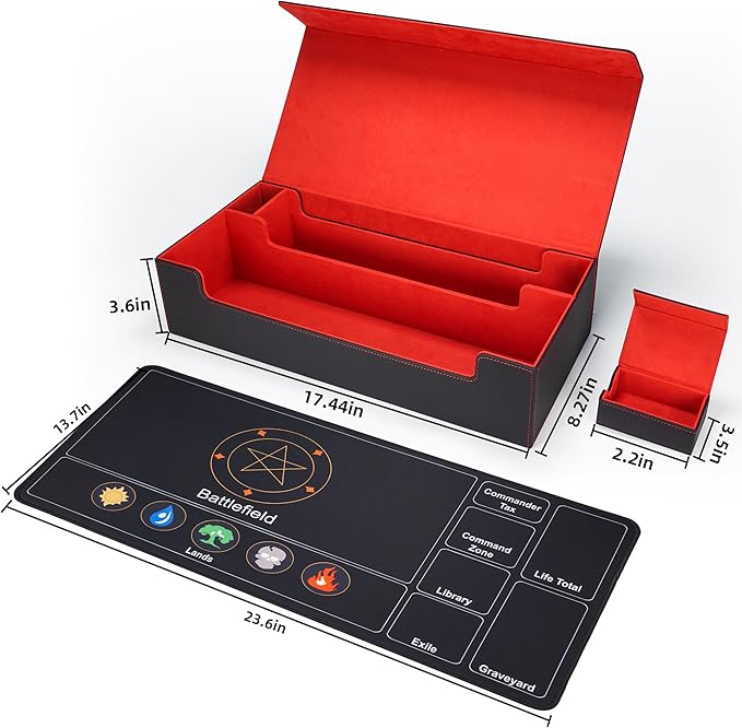 AFIING Mtg Deck Box Holds 5 Display Card Deck Boxes with Mtg Playmat & Dice Box,10 Dividers,1Card supporter, Trading Card Storage Box for Magic Yugioh Sports Cards (Black &Red)