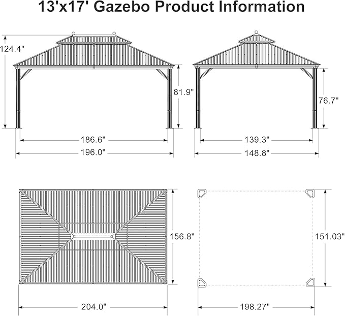 PURPLE LEAF 13' X 17' Outdoor Hardtop Gazebo Patio Wide Aluminum Frame Galvanized Steel Double Roof with Heavy Duty Netting and Curtains for Permanent Hard Top Pavilion Screen Khaki