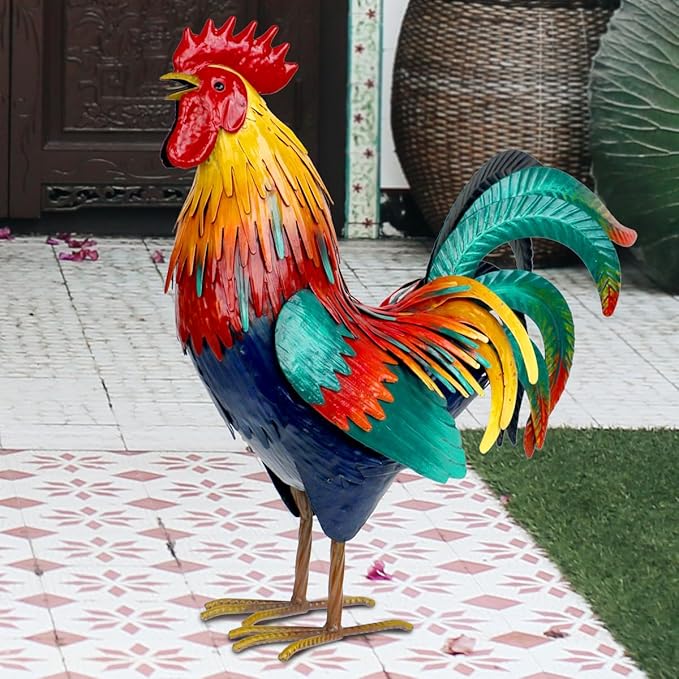 Kircust Metal Rooster Garden Statue Outdoor Decor Yard Art Chicken Decoration for Home Patio Lawn Backyard Farmhouse Kitchen