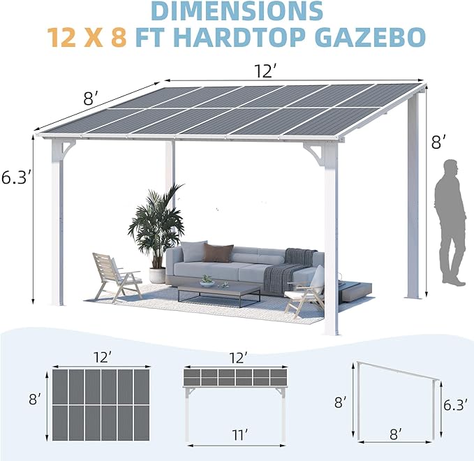 AECOJOY 12' x 8' Outdoor Gazebo Pergola for Patio, Large White Hardtop Lean to 8x12 Gazebo Shelter Pergolas and Gazebos Clearance with Patio Roof, Large Wall-Mounted Heavy Duty Awnings for Patio