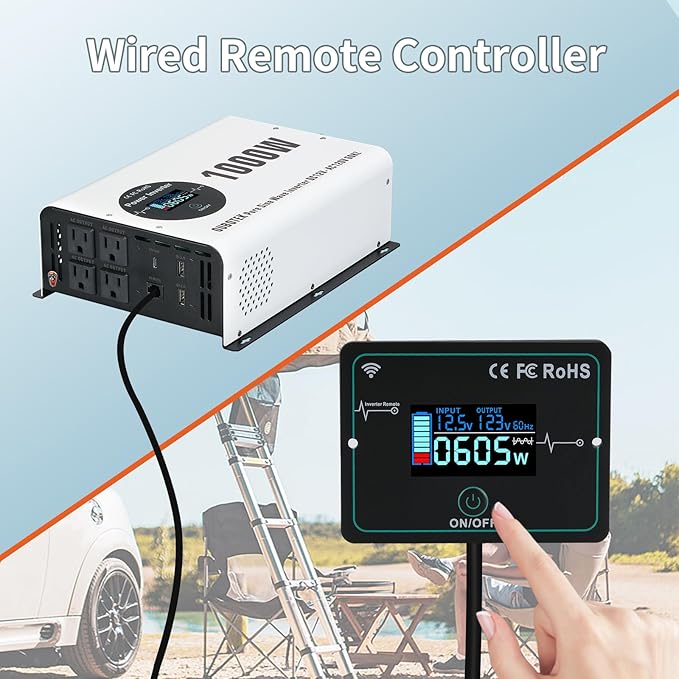 1000 Watts Power Inverter Peak Power 2000W Pure Sine Wave 12V DC to 120V AC RV Converter with Wireless Remote Control LCD Display 4 AC Outlets Dual USB Port Type C Off Grid Solar Inverter