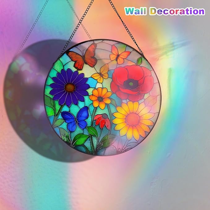 Wildflowers Stained Glass Window Hanging - Wildflowers Suncatcher for Indoor Window, Floral Stained Glass Decor for Garden, Home, Outdoor, Sun Catchers Birthday Gift for Women,Lovers and Mom 12 Inch