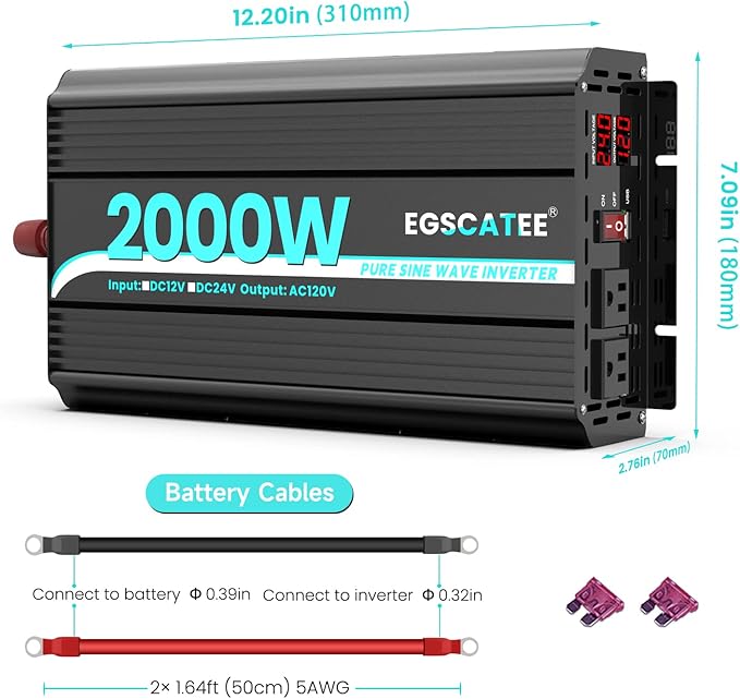 24V 2000W Pure Sine Wave Power Inverter 24V DC to 120V AC Converter for Car, Truck, Home, Vehicles,Boat, Car Power Converter with 2 AC Outlets, USB Ports, LCD Display