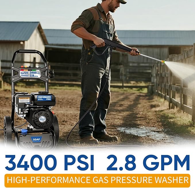 TOOLCY 3400 PSI Gas Pressure Washer, High-Performance 212cc OHV Engine, Reinforced Pump. Onboard Soap Tank, 30FT Hose, Spray Gun & 5 Nozzles, Max 2.8 GPM, Great for