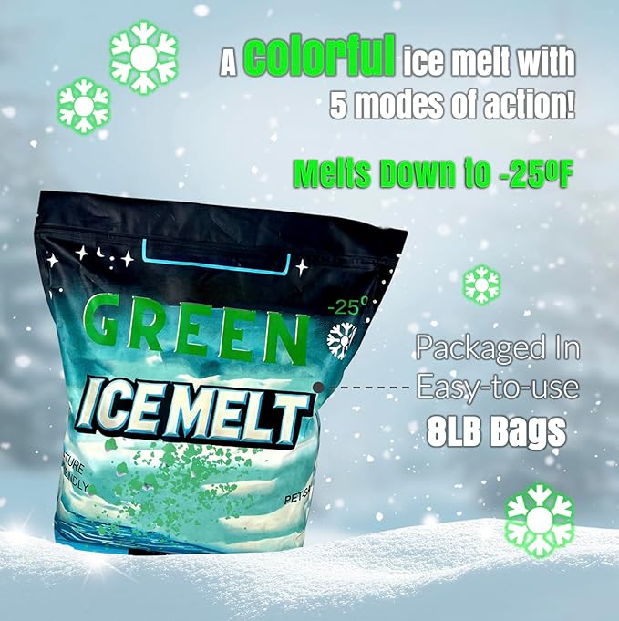 Ice and Snow Melt 8 lb Bag CMA Blended Magnesium Chloride Ice Melter Effective Snow and Ice Removal Effective Below Zero Degrees (Green)
