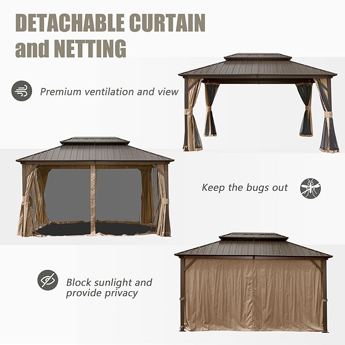 Domi 10'x14' Hardtop Gazebo Canopy, Outdoor Metal Gazebo with Galvanized Steel Double Roof,Curtain and Netting,Permanent Pavilion for Patio Deck,Backyard