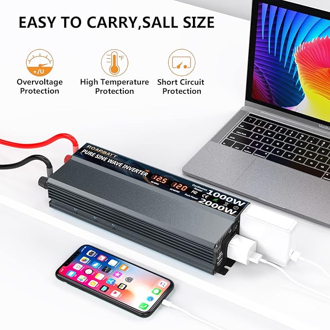 1000W Pure Sine Wave Power Inverter 12V DC to AC 110V 120V Peak Power 2000W with 2 AC Outlets Car Inverter and Dual 3.4A USB Port Cooling Fans and LCD Display for Inverter Home RV Car Solar System
