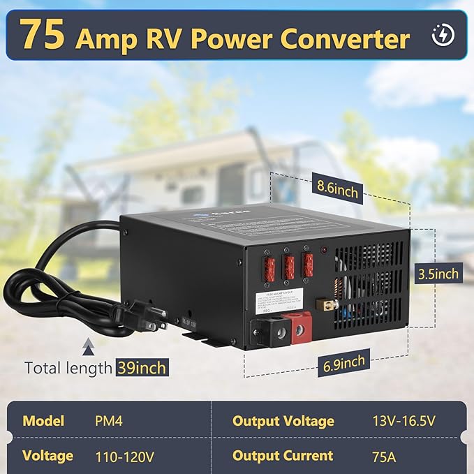 75A RV Power Converter 110VAC to 12VDC RV Converter 75 Amp RV Power Converters Built-in 4 Stage Smart Battery Charger for Lithium Batteries RV Converters Fully Adjustable Output from 13V to 16.5V