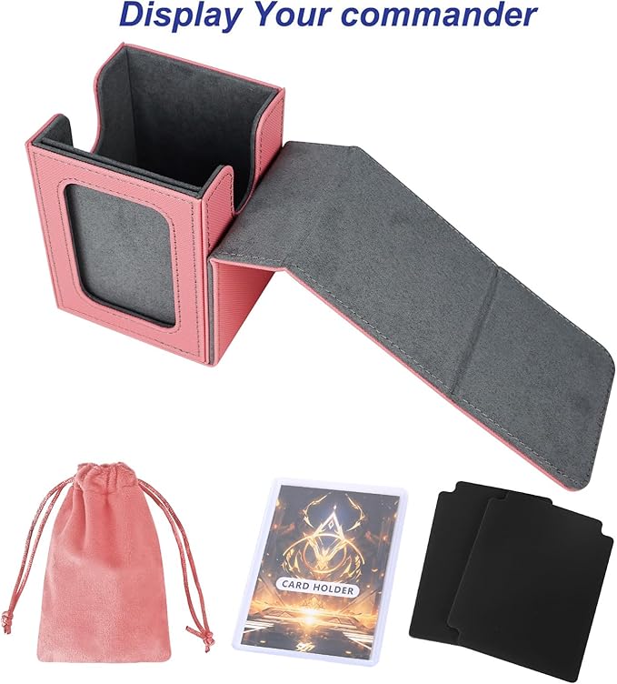 AFIING MTG Deck Box for Commander Display,Card Deck Box Fits 100 Double Sleeved Cards, Magic Commander TCG Card Storage Box with 2 Dividers,Drawstring Bag and 1 Toploader(Pink/grey)
