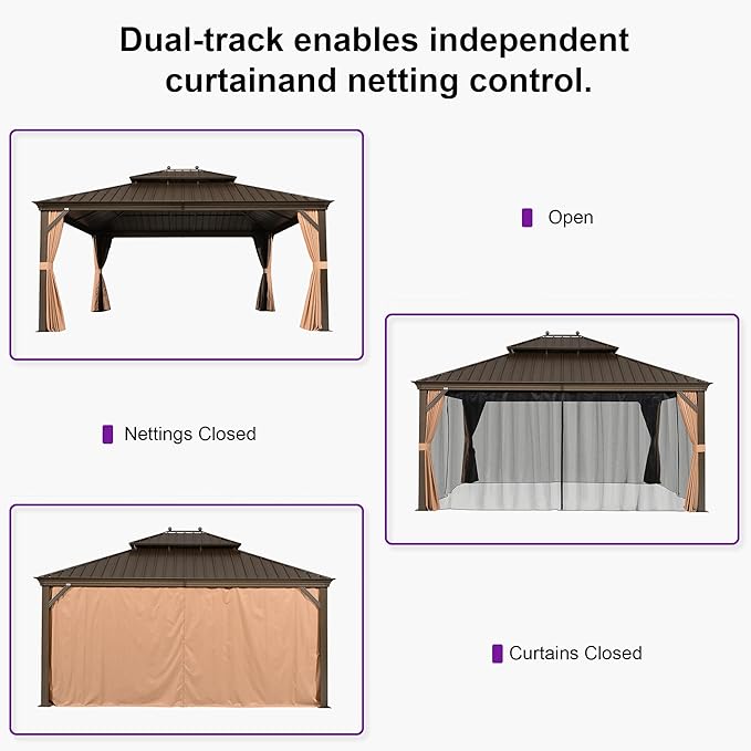 PURPLE LEAF 14' X 16' Outdoor Hardtop Gazebo Patio Wide Aluminum Frame Metal Double Roof with Heavy Duty Netting and Curtains for Permanent Hard Top Pavilion Screen Khaki