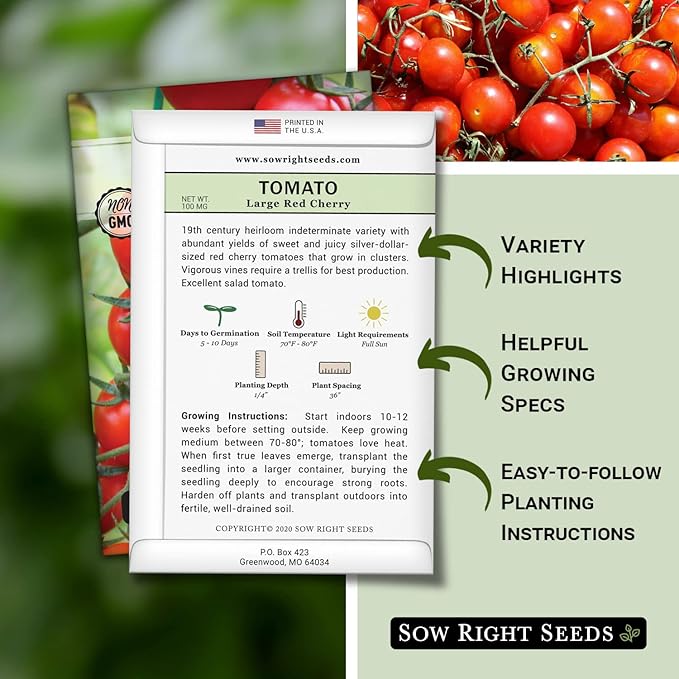Sow Right Seeds - Large Red Cherry Tomato Seeds for Planting - Non-GMO Heirloom Packet with Instructions to Plant a Home Vegetable Garden - Tasty Snacking Variety, Start Indoors - Indeterminate (1)