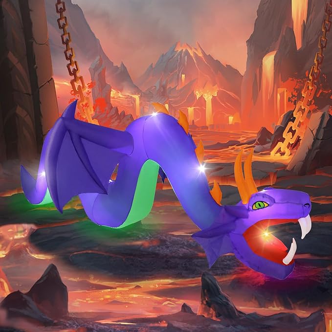 12FT Halloween Inflatables Outdoor Decoration, Large Flying Dragon with Openning Red Mouth Blow Up, Giant Outside Hanging Inflatable with 7 LEDs Light Up for Holiday Yard Lawn Patio Parties Display