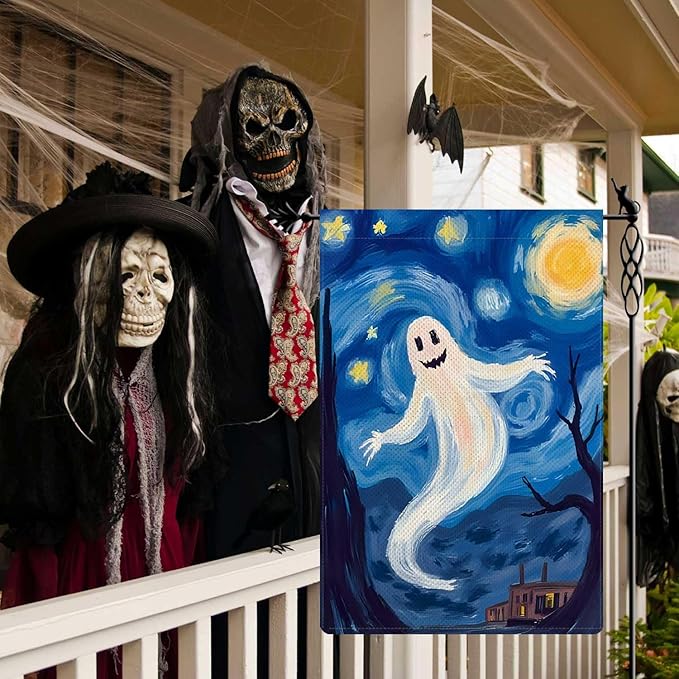 Starry Night Ghost Garden Flag Halloween Holiday Garden Flag Vertical Double Sided Rustic Farmland Burlap Yard Lawn Outdoor Decor 12.5x18"