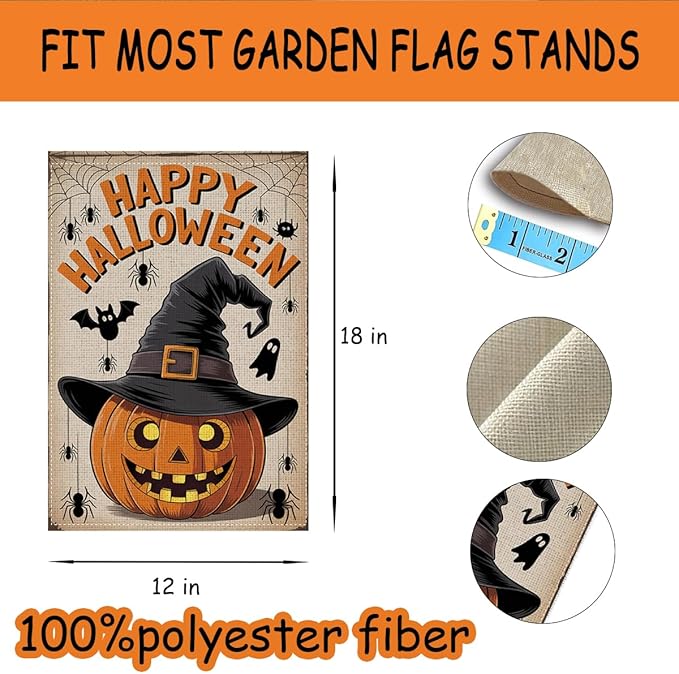 HTBIG Halloween Pumpkin Garden Flags, Happy Halloween Spooky Pumpkin Decor, Yard Flags for Outside 12x18 inch, Outside Yard for Home Decorations