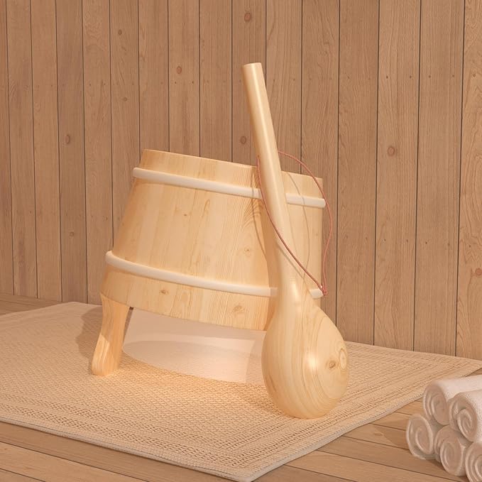 Sauna Bucket and Ladle, Sauna Accessories Made of Hand-Made Camphor Pine, Wooden Sauna Set with Plastic Lining and Handle