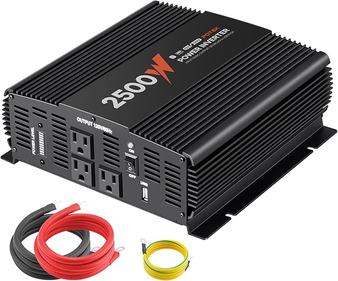 POTEK 2500W Power Inverter 12V DC to 120V AC Converter with 3 AC Outlets