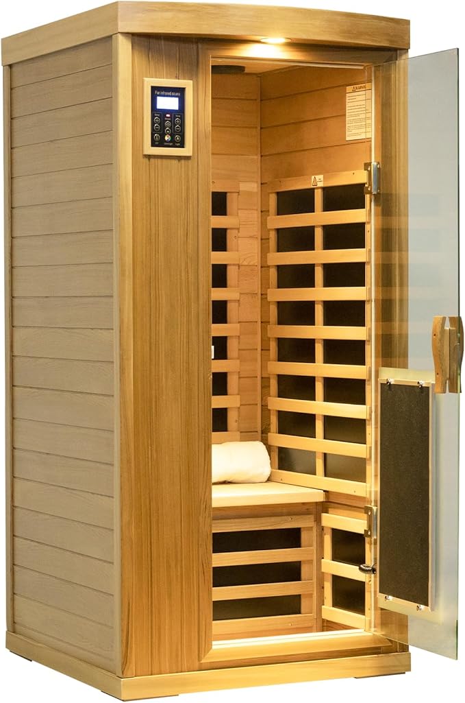 Infrared Sauna Home Sauna Box Deluxe 1 Person Red Cedar Indoor Far Infrared Sauna Room with LED Reading Light, Control System, Audio System, Bean Paste Red