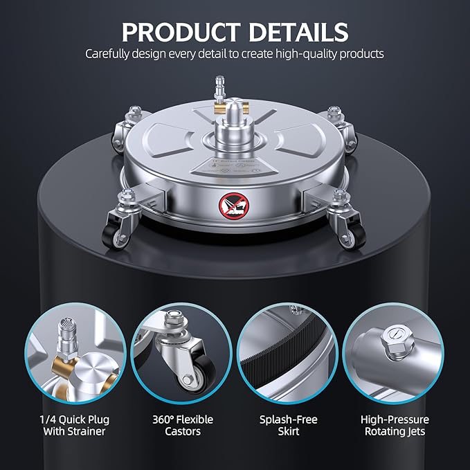 14" Pressure Washer Surface Cleaner with 4 Wheels, Stainless Steel Housing for Pressure Washer Attachment for Concrete, Patio, Sidewalk, Deck and Driveways