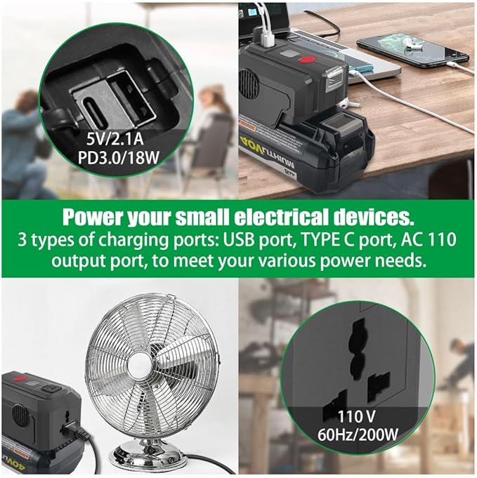 Power Inverter for Ryobi 40V Battery,200W Power Supply Inverter DC 18V to AC 110V, with USB Port & Type C PD3.0 Output Port & LED Lighting