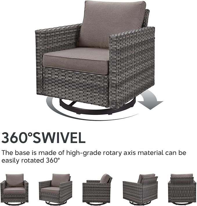 6 Piece Wicker Patio Furniture Set - Outdoor Swivel Rocker Chairs Set with Coffee Table, 3 Seat Sofa & Ottomans, Small Patio Conversation Sets Proch Furniture for Balcony Deck - Grey/Grey