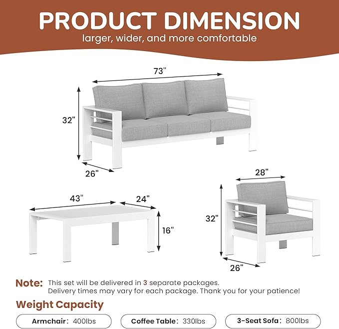 Solaste Aluminum Patio Furniture Set, 5 Seats Modern Outdoor Conversation Set Couch Sofa with Upgrade Cushion and Coffee Table, White