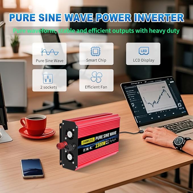 SUNWHEEL 1500W Pure Sine Wave Inverter, 12V DC to 110V/120V AC Power Inverter for RV、Microwave、Off Grid、Truck、Refrigerator with 2 AC outlets and LCD Display