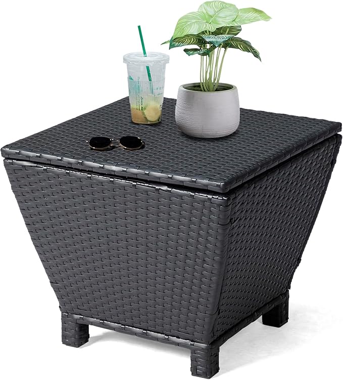 Outvita Outdoor Side Table, Rattan Coffee Table with Storage 13 Gallon Patio Small Deck Storage Box for Cushion Towel Books, Brown Side Table with lid