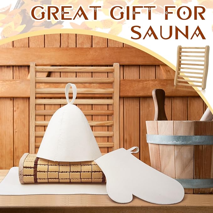 JaGely 5 Pcs Sauna Accessories Include Slip Resistant Sauna Backrest, Wood Sauna Headrest Pillow, Sauna Hat, Seat Pad and Sauna Glove for Barrel or Infrared Sauna