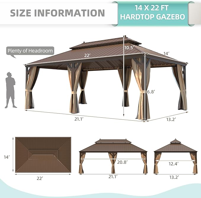 MELLCOM 14' x 22' Hardtop Gazebo,Galvanized Steel Metal Double Roof with Curtain and Netting,Brown Permanent Pavilion Gazebos with Aluminum Frame for Patios,Gardens,Lawns