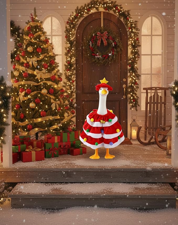 Christmas Porch Goose Outfits with Bells, 2 Pcs/Set Lawn Cement Goose Clothes, 23" Patio Yard Garden Geese Costume Decoration, Red