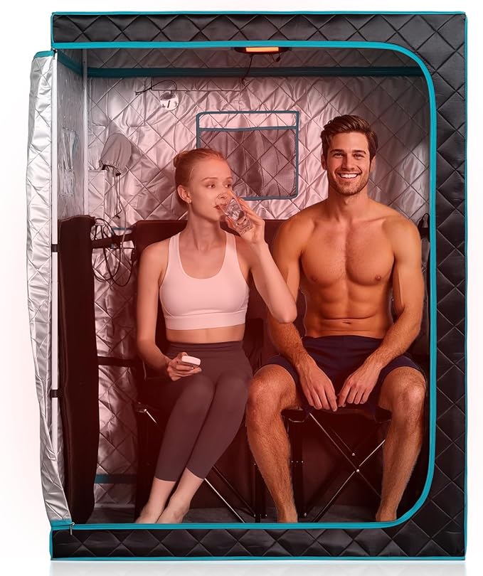 Smartmak Portable Far Infrared Sauna, Home Two Person Sauna Box with 660nm Red Light Therapy Lamp, X-Large Full Size Indoor SPA Tent for Body Recovery, Remote Control, 2 Folding Chairs, Blackgreen