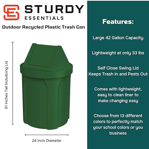 42 Gallon Round 100% Recycled Plastic Indoor or Outdoor Commercial Trash Can with Easy Access Swing Top Lid | Great for Schools and Businesses - Green
